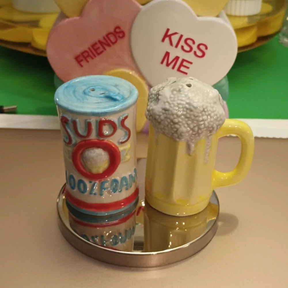 Fitz and Floyd ceramic beer can and beer mug